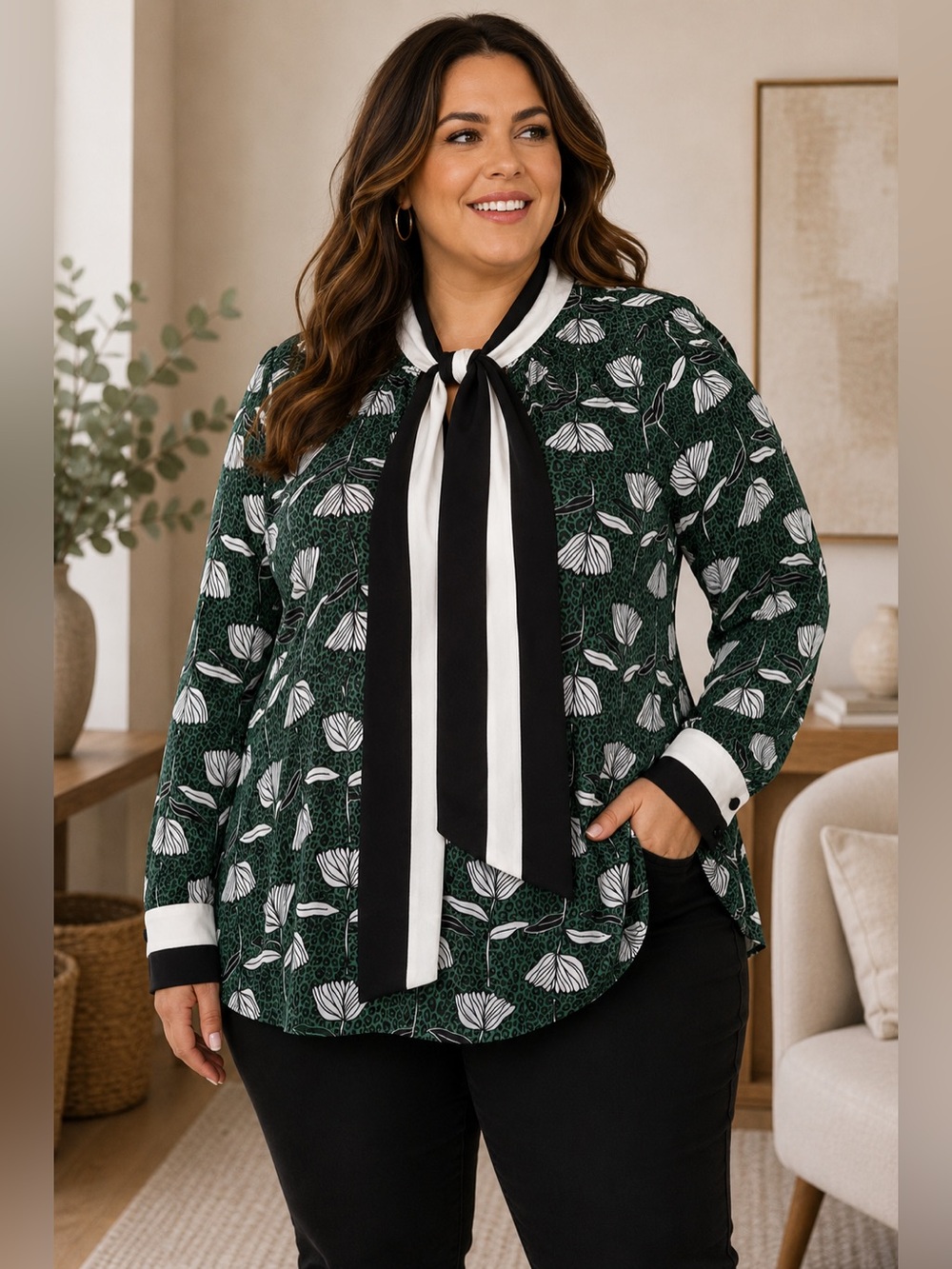 Torrid x Studio Mollie Size 3 Green Floral Leopard Scarf Collar Blouse Plus